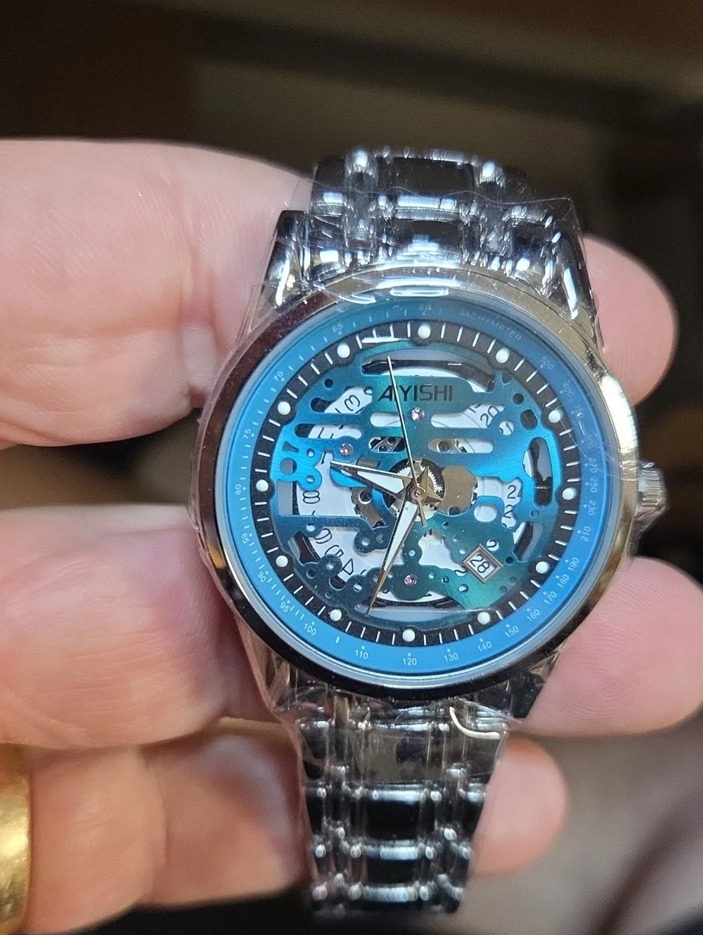Blue Skeleton Dial Men's Stainless Steel Mechanical Watch